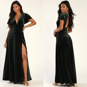 Lulus Stunning Days Emerald Green Velvet Flutter Sleeve Maxi Dress XL Wedding